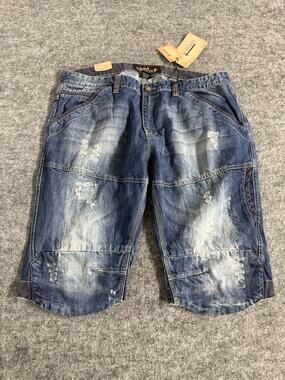 Copper Rivet Denim Shorts Mens Size 40 Blue Distressed Stretch Slim Fit N94